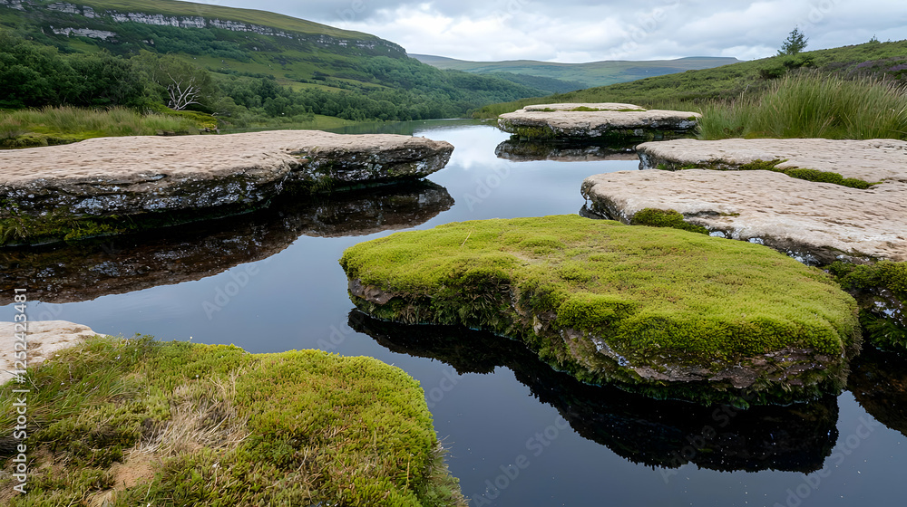 Calm valley river, mossy rocks, green hills background, nature scene Calm valley river, mossy rocks, green hills background, nature scene
