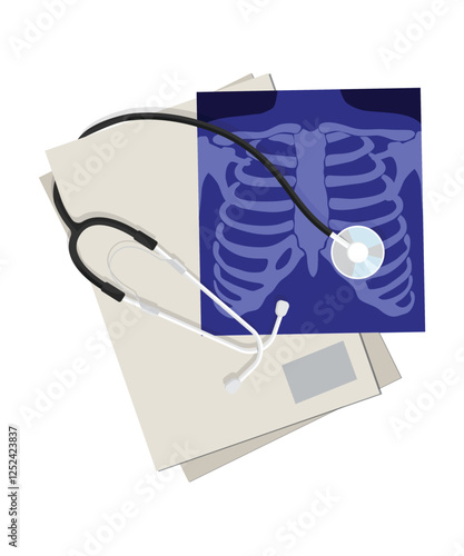 Stethoscope and X-ray of human chest stock illustration