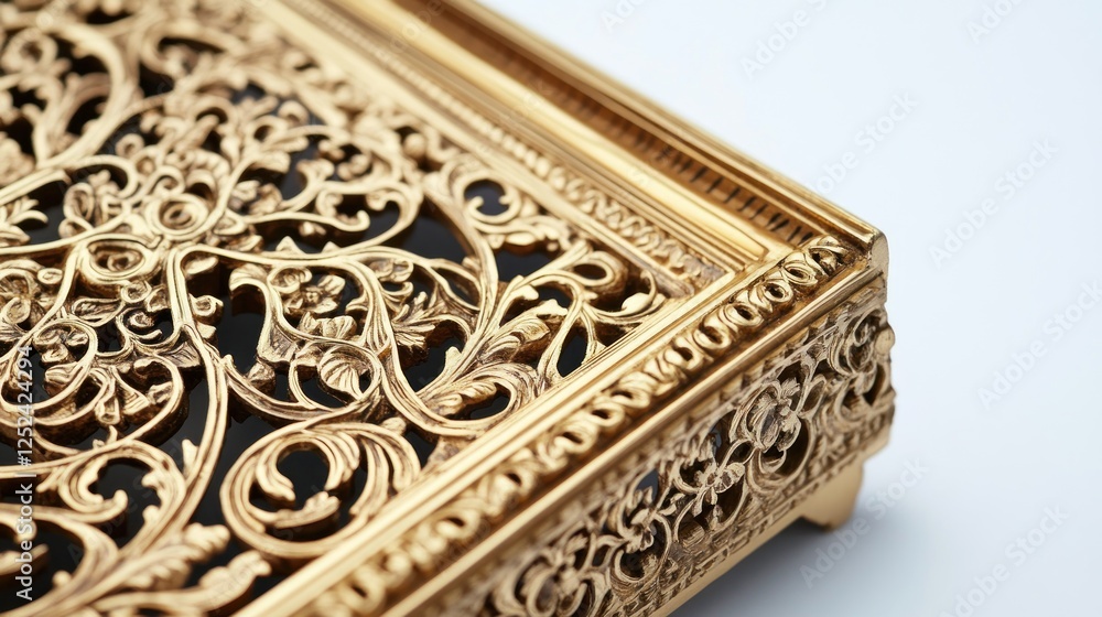 Gold ornate tray, intricate design, white background, luxury detail Gold ornate tray, intricate design, white background, luxury detail