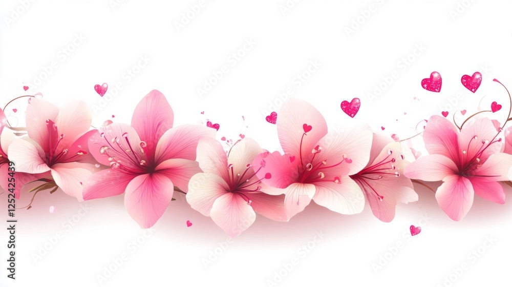 Floral Border of Pink Cherry Blossoms with Heart Accents on White Background Floral Border of Pink Cherry Blossoms with Heart Accents on White Background
