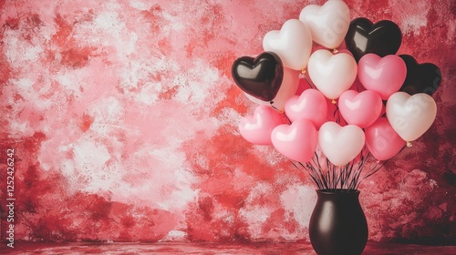 Heart-Shaped Balloons in a Vase Against a Pink Background