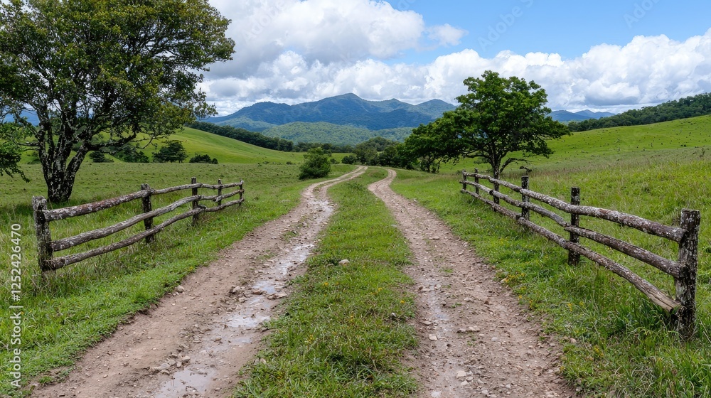 Country Road Through Lush Meadow to Mountains. Possible stock photo use Outdoor scenic landscape Country Road Through Lush Meadow to Mountains. Possible stock photo use Outdoor scenic landscape