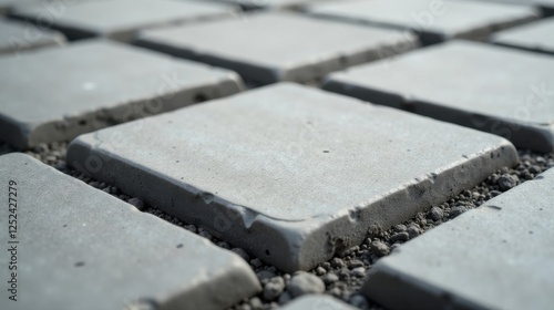 Close-up view of newly laid concrete paving stones, showcasing the texture and detail of the gray stone surfaces and the granular infill between them. photo