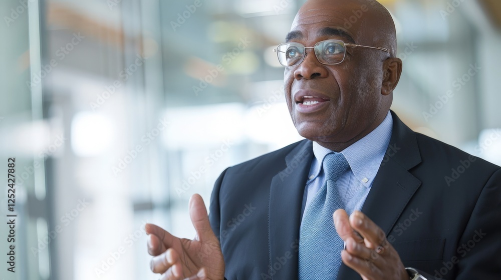 Businessman Delivering a Presentation in a Modern Conference Room With Glass Walls and Warm Lighting. Generative AI Businessman Delivering a Presentation in a Modern Conference Room With Glass Walls and Warm Lighting. Generative AI