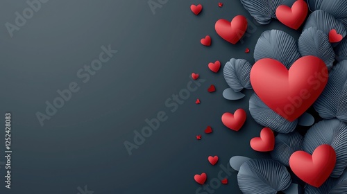 Elegant Red Hearts Surrounded by Dark Leaves on Minimal Background