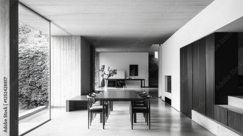 Fototapeta premium Modern minimalist dining room, garden view, concrete floor, home interior design