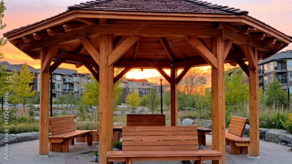 Serene Sunset Gazebo: A tranquil scene of a wooden gazebo at sunset, surrounded by nature and residential buildings. Serene Sunset Gazebo: A tranquil scene of a wooden gazebo at sunset, surrounded by nature and residential buildings.