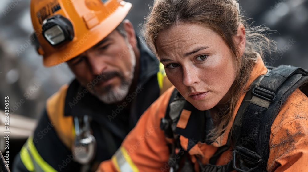 A Determined Female Miner Collaborates with a Grizzled Male Colleague Underground, Showcasing the Bravery and Skill Required in Dangerous Mining Operations A Determined Female Miner Collaborates with a Grizzled Male Colleague Underground, Showcasing the Bravery and Skill Required in Dangerous Mining Operations