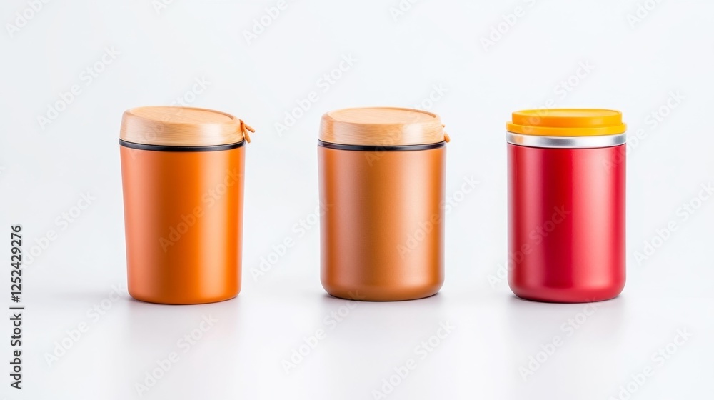 Set of colorful thermos containers with wooden lids isolated on white background. Generative AI Set of colorful thermos containers with wooden lids isolated on white background. Generative AI