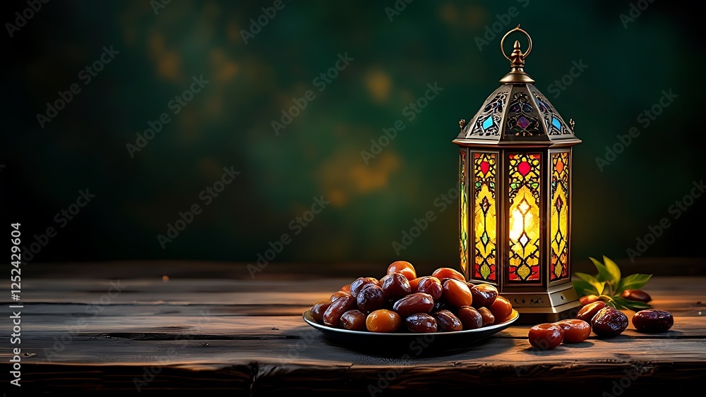 Ramadan concept. Dates close-up in the foreground. Ramadan Lantern on a wooden table. Textured green wall background. Space for text on the right.