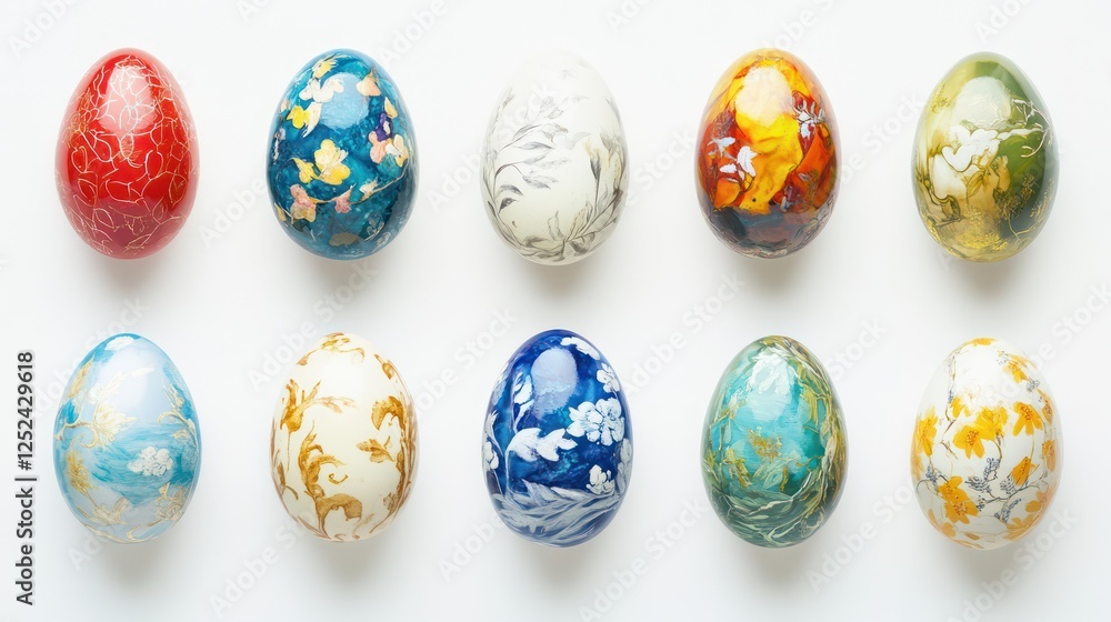 Decorated Easter eggs on white background; spring holiday Decorated Easter eggs on white background; spring holiday