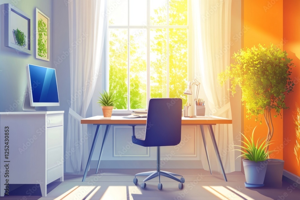 Fototapeta premium Sunny Home Office Workspace with Desk, Computer, Plants, and Bright Window