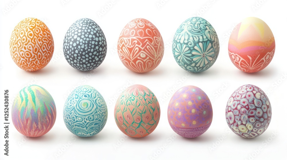 Decorated Easter eggs, spring celebration, white background, holiday craft Decorated Easter eggs, spring celebration, white background, holiday craft