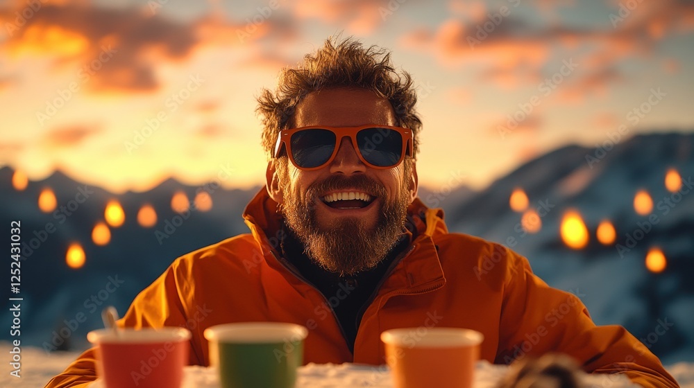 Man with beard and sunglasses smiling in outdoor setting under bright sunlight Man with beard and sunglasses smiling in outdoor setting under bright sunlight