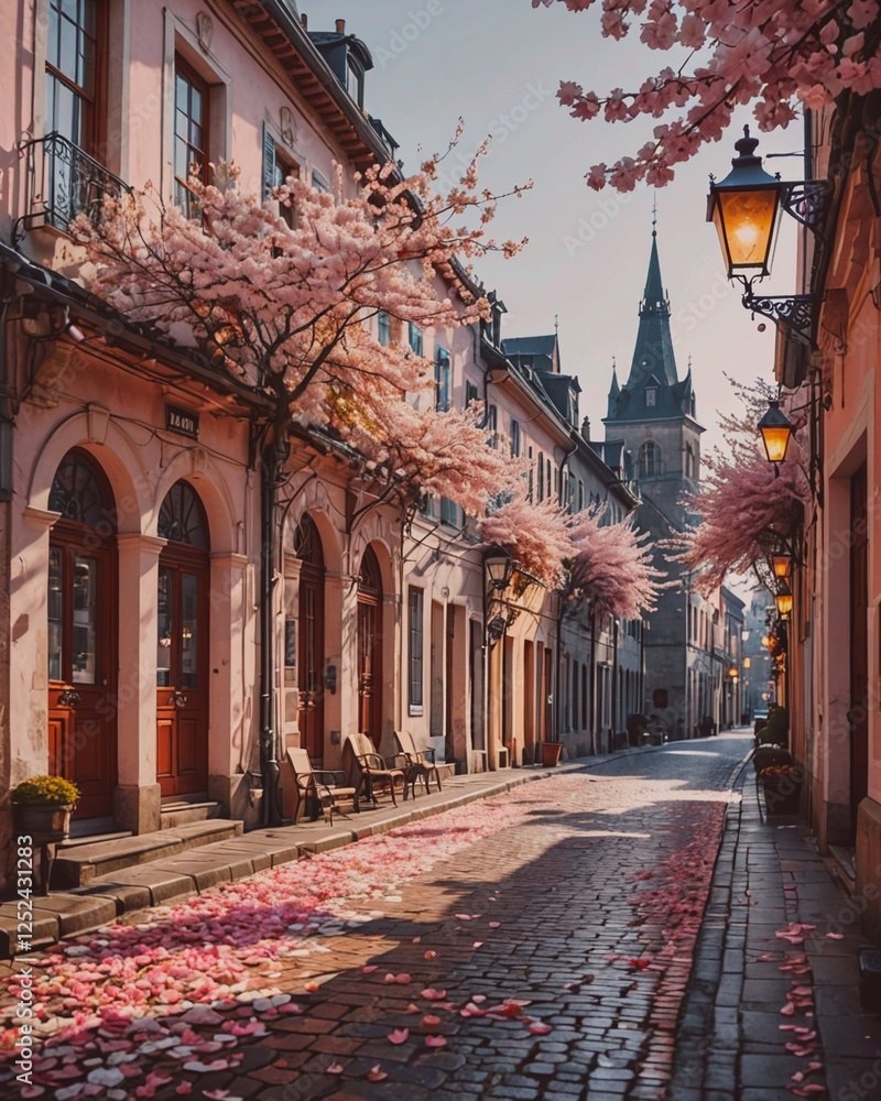 Fototapeta premium Trendy spring landscape. Quiet city street with blooming pink trees.