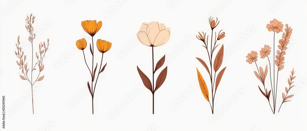 Flat Style Vector Illustrations of Elegant Botanical Floral Designs in Warm Tones for Modern Art Projects Flat Style Vector Illustrations of Elegant Botanical Floral Designs in Warm Tones for Modern Art Projects