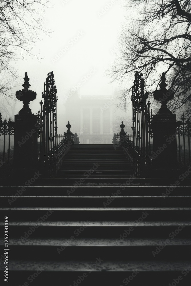 Misty park steps lead to building. Moody background. Suitable for gothic concepts Misty park steps lead to building. Moody background. Suitable for gothic concepts