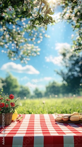 a picnic table with a basket of food on it for photo product background