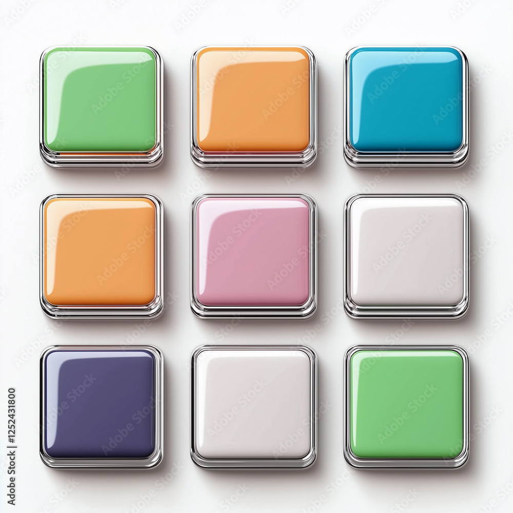 Colorful glossy paint swatches arranged in a neat grid, showcasing a variety of vibrant hues, perfect for design inspiration Colorful glossy paint swatches arranged in a neat grid, showcasing a variety of vibrant hues, perfect for design inspiration