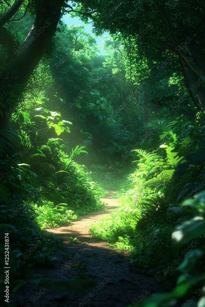 Path winds through a lush green forest, dappled sunlight filters. Tourism, nature Path winds through a lush green forest, dappled sunlight filters. Tourism, nature