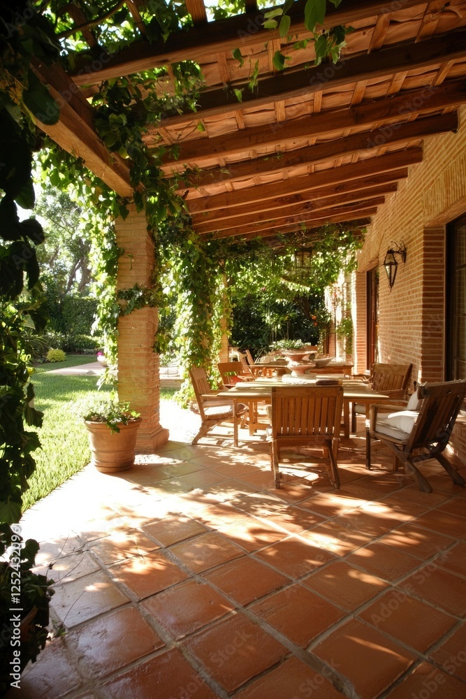 Fototapeta premium Outdoor patio with table & chairs, covered by vines. Garden in background