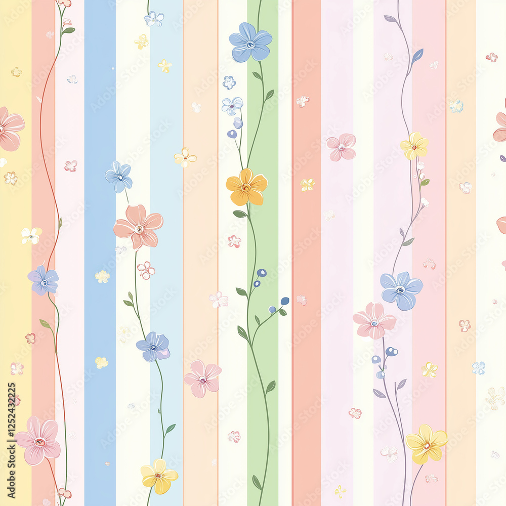 A colorful striped pattern featuring delicate flowers, perfect for spring-themed designs and cheerful backgrounds A colorful striped pattern featuring delicate flowers, perfect for spring-themed designs and cheerful backgrounds