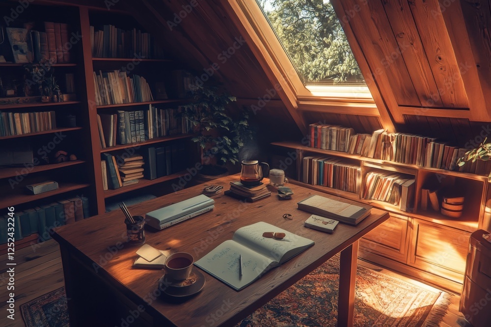 Cozy Attic Study with Bookshelves and Sunlight Cozy Attic Study with Bookshelves and Sunlight