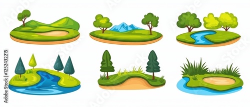 Vector Illustrations of Flat Style Landscapes with Mountains, Trees, and Rivers for Nature-Themed Projects photo