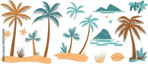 Set of Flat Style Vector Illustrations Featuring Tropical Palm Trees, Beach Elements, and Mountain Scenery for Creative Projects
