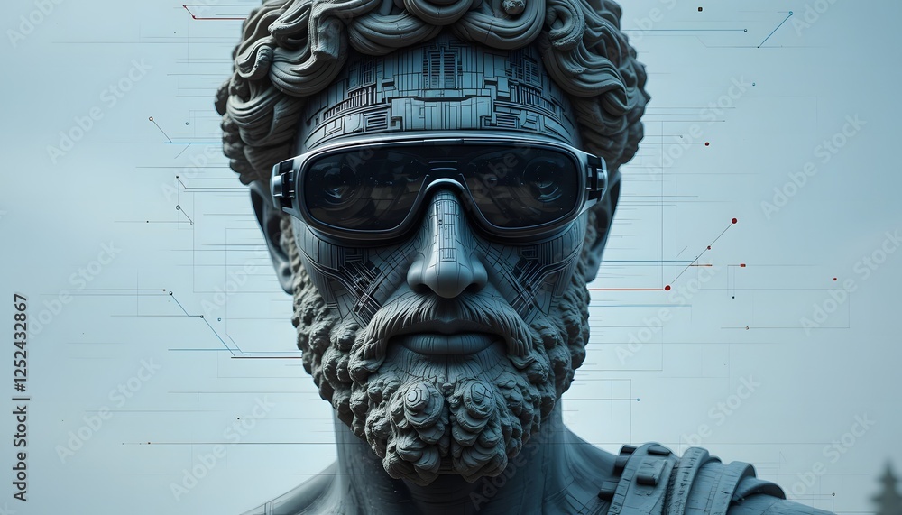 Obraz premium Cyberpunk Sculpture with Futuristic Goggles and Intricate Beard Design, Perfect for Technology and Innovation Themes