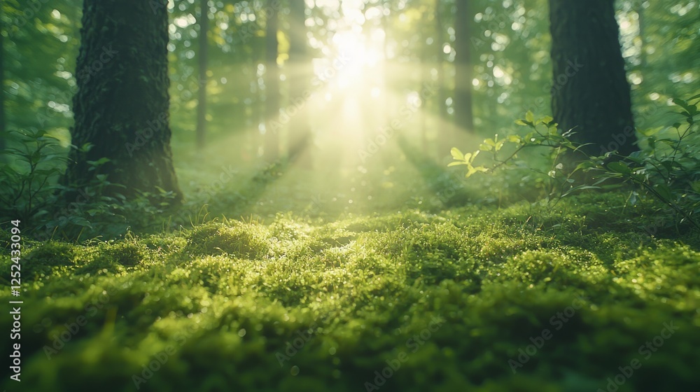 Fototapeta premium Tranquil Sunlight through Forest Trees