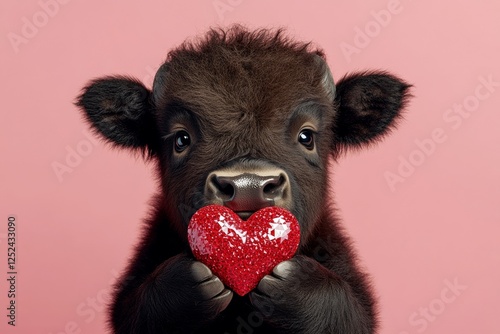 Fototapeta Naklejka Na Ścianę i Meble -  Ad idea. Bison - my cherished animal. Digital ads concept creative design. Cute bison baby with diamond red heart - sign of love, funny greeting card. Zoo animals february photos.