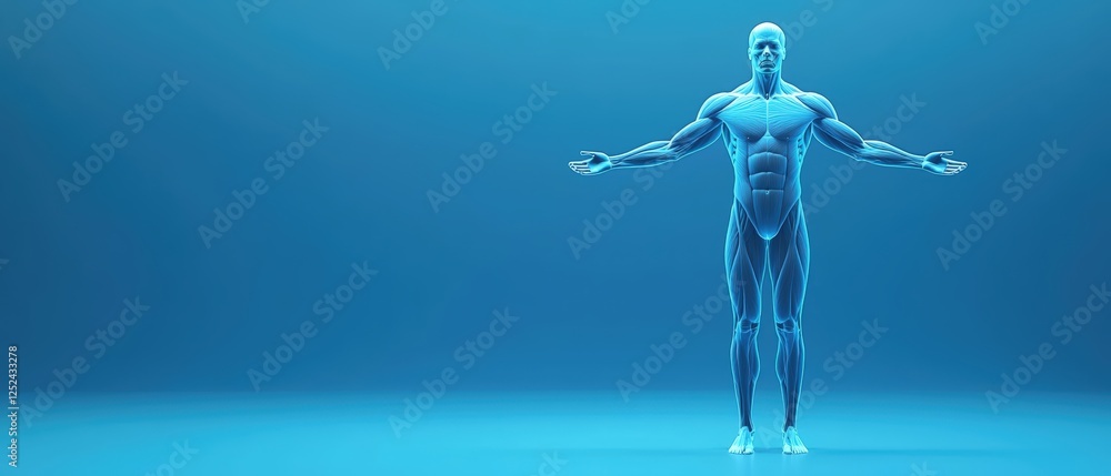 Obraz premium Blue Ray Visualization of Human Body with Visible Muscles and Head in an Artistic Pose Against a Blue Background