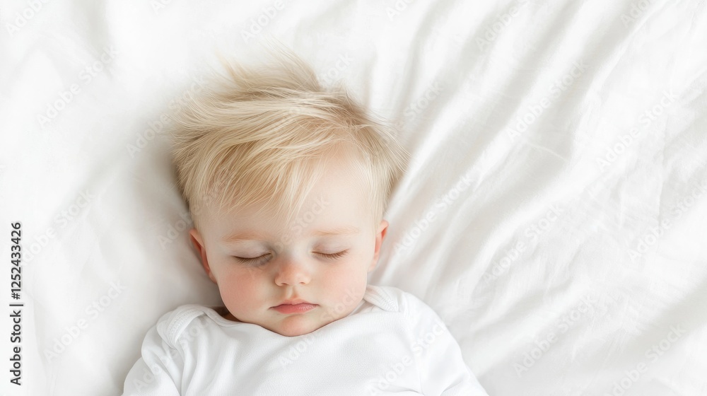 Baby sleeping peacefully on white sheets, top view Baby sleeping peacefully on white sheets, top view