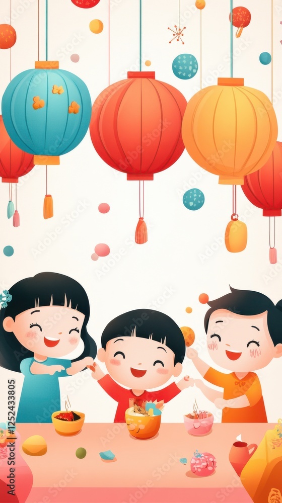 Cheerful Children Celebrating with Colorful Lanterns and Delicious Treats in a Festive Atmosphere Cheerful Children Celebrating with Colorful Lanterns and Delicious Treats in a Festive Atmosphere