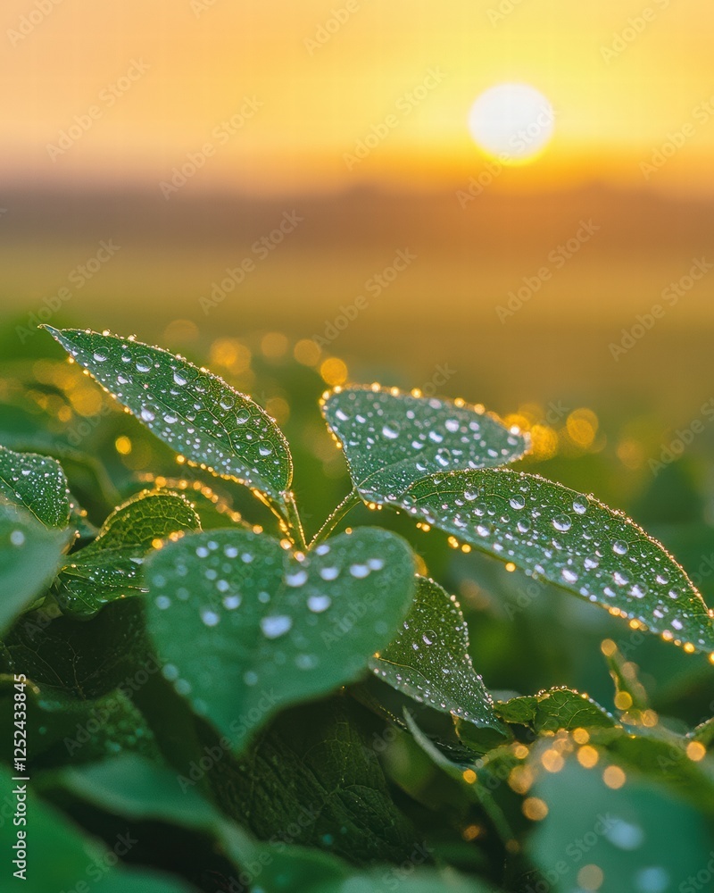 Close Up of Dew Covered Green Leaves Glimmering in the Soft Light of Sunrise in Nature Close Up of Dew Covered Green Leaves Glimmering in the Soft Light of Sunrise in Nature