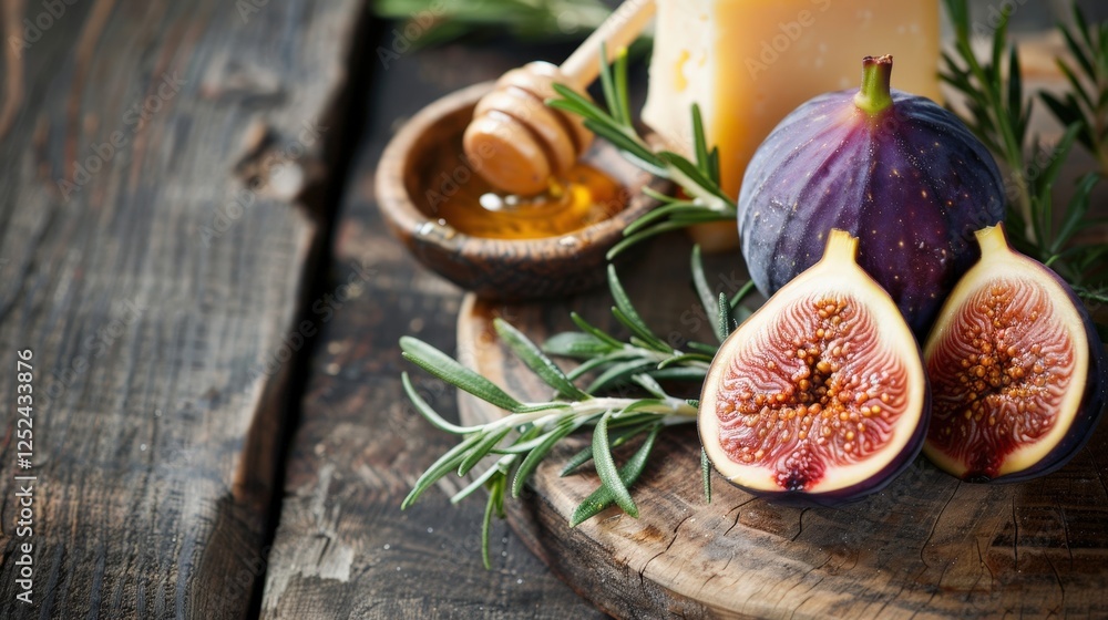 Exploring Flavors With Fresh Fig, Creamy Brie, Honey, and Rosemary on a Rustic Wooden Board. Generative AI Exploring Flavors With Fresh Fig, Creamy Brie, Honey, and Rosemary on a Rustic Wooden Board. Generative AI