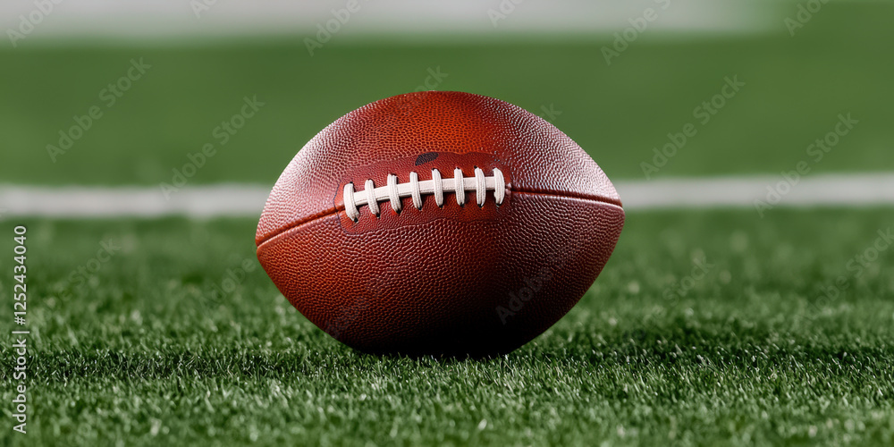 A close-up of a brown football resting on green turf, highlighting its texture and stitching against a blurred background. A close-up of a brown football resting on green turf, highlighting its texture and stitching against a blurred background.