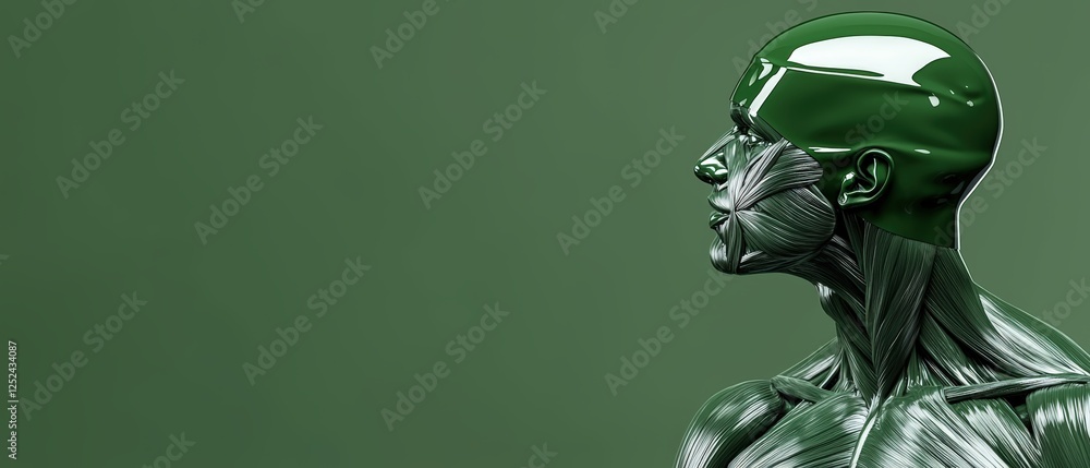 Detailed Representation of Muscular Human Body in Emerald Color with Smooth Finish Against Green Background Detailed Representation of Muscular Human Body in Emerald Color with Smooth Finish Against Green Background