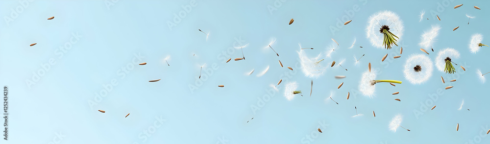 Fototapeta premium Dandelion seeds blow, light blue