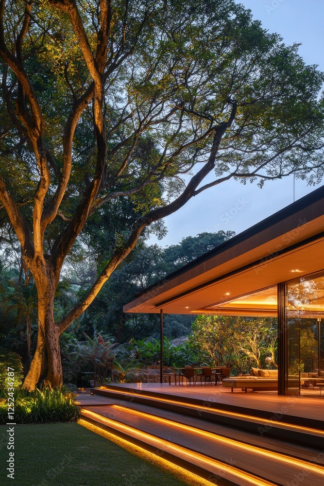Modern house with illuminated steps at dusk, tree nearby, for architecture concepts Modern house with illuminated steps at dusk, tree nearby, for architecture concepts
