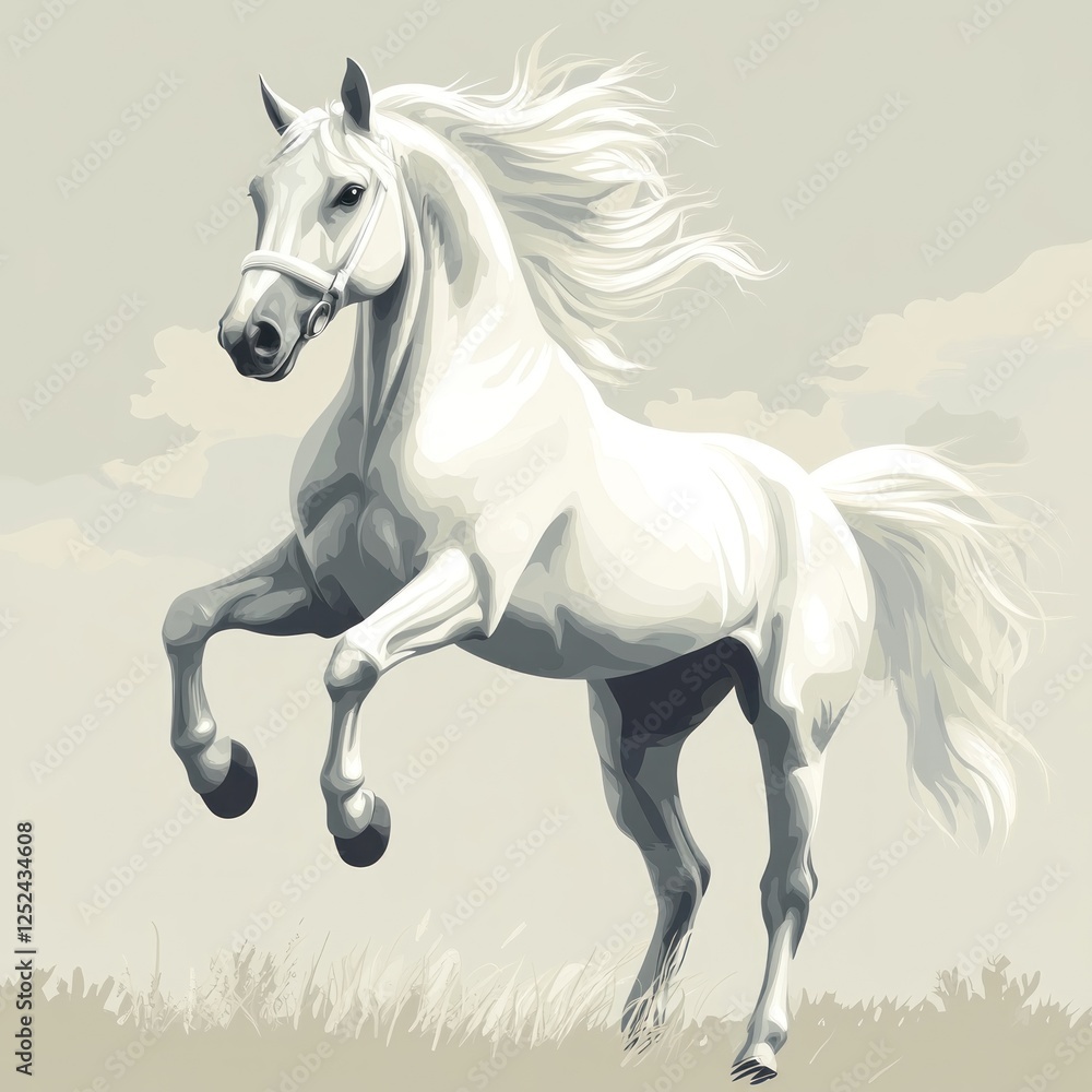 Obraz premium Majestic white horse rearing, meadow, clouds, freedom, equestrian art