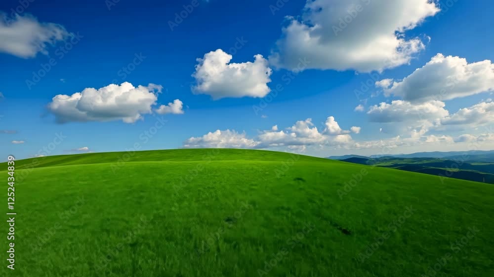 Lush green hillside under a bright blue sky dotted with fluffy white clouds during midday Lush green hillside under a bright blue sky dotted with fluffy white clouds during midday