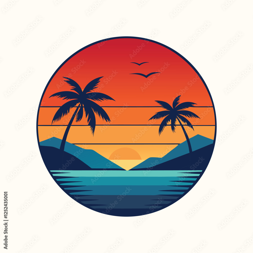 Obraz premium Abstract colorful summer beach, palm tree, retro, 80s style logo vector illustration 