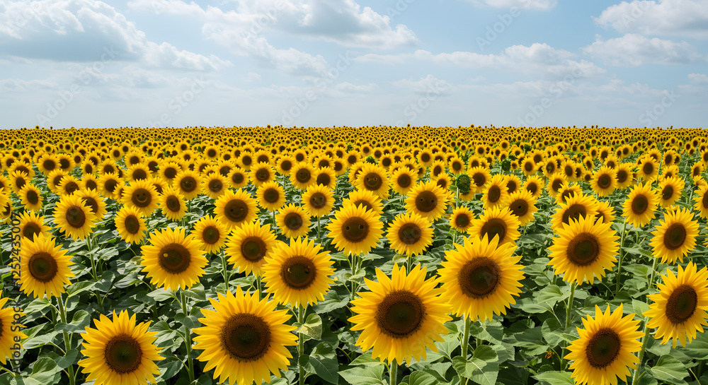 Obraz premium Vibrant Sunflower Field Under a Blue Sky with Puffy White Clouds