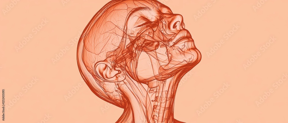 Obraz premium Detailed Anatomical Illustration of Human Musculature and Head in Peach Tone on Soft Background