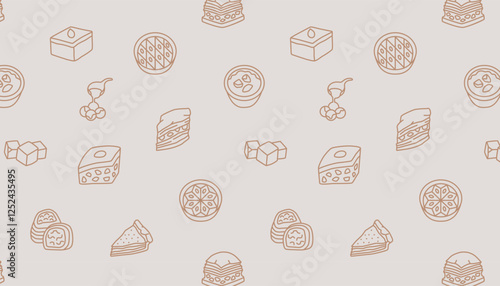 Seamless pattern featuring various dessert-themed illustrations, including slices of Basbousa, Baklava, Kadaif
