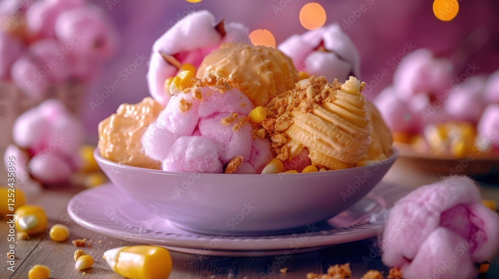 A colorful dessert bowl filled with cotton candy, ice cream, and toppings, evoking sweetness. A colorful dessert bowl filled with cotton candy, ice cream, and toppings, evoking sweetness.