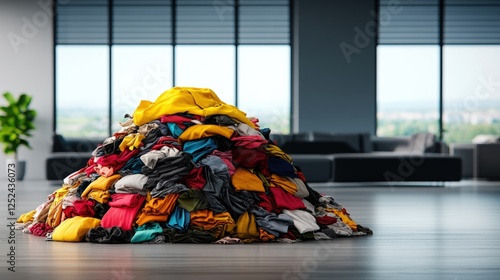 Heap of discarded clothing in landfill representing fast fashion waste and environmental impact