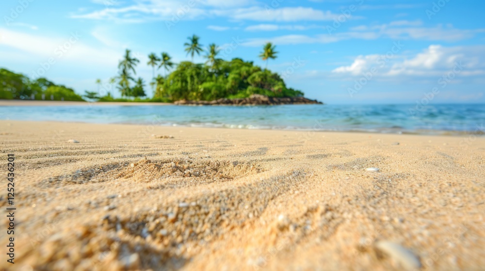 Tropical beach sand closeup; island backdrop, travel brochure Tropical beach sand closeup; island backdrop, travel brochure